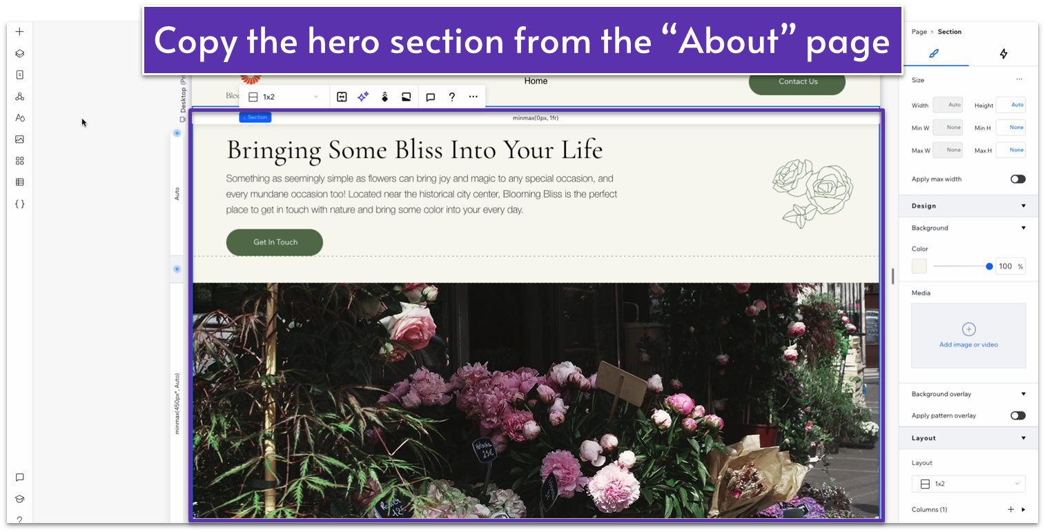 Wix Guide Local Business Site Module 5, copying hero section from about page